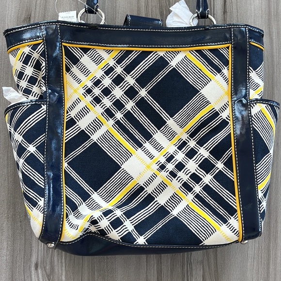 💛NWT💙 TALBOTS Quilted Tartan Plaid Tote Bag Navy Blue Yellow - Picture 3 of 14